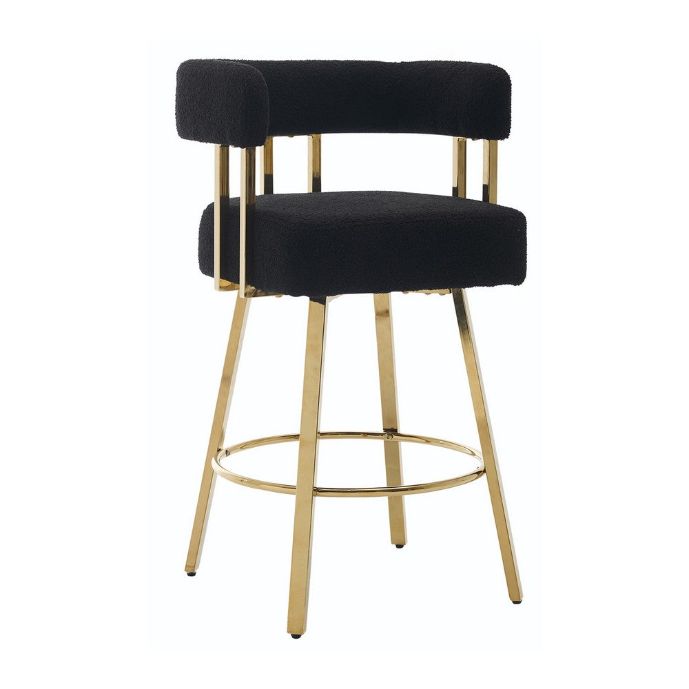 Fara Barstool Chair Set of 2 | Foam Fill Black Teddy Fleece | Gold Metal