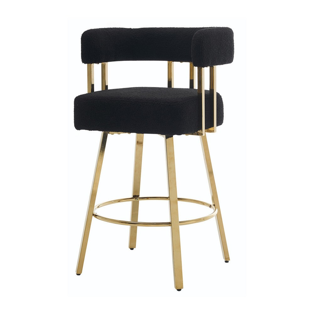 Fara Barstool Chair Set of 2 | Foam Fill Black Teddy Fleece | Gold Metal