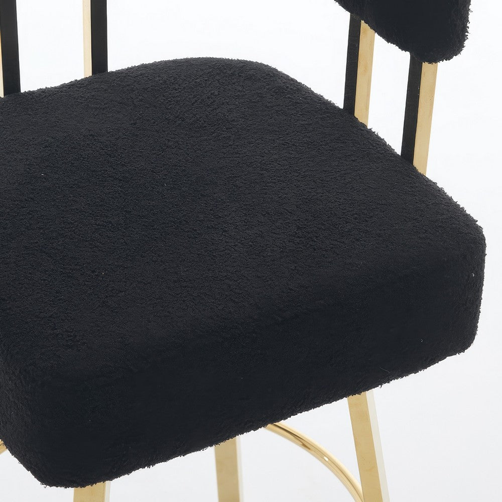 Fara Barstool Chair Set of 2 | Foam Fill Black Teddy Fleece | Gold Metal