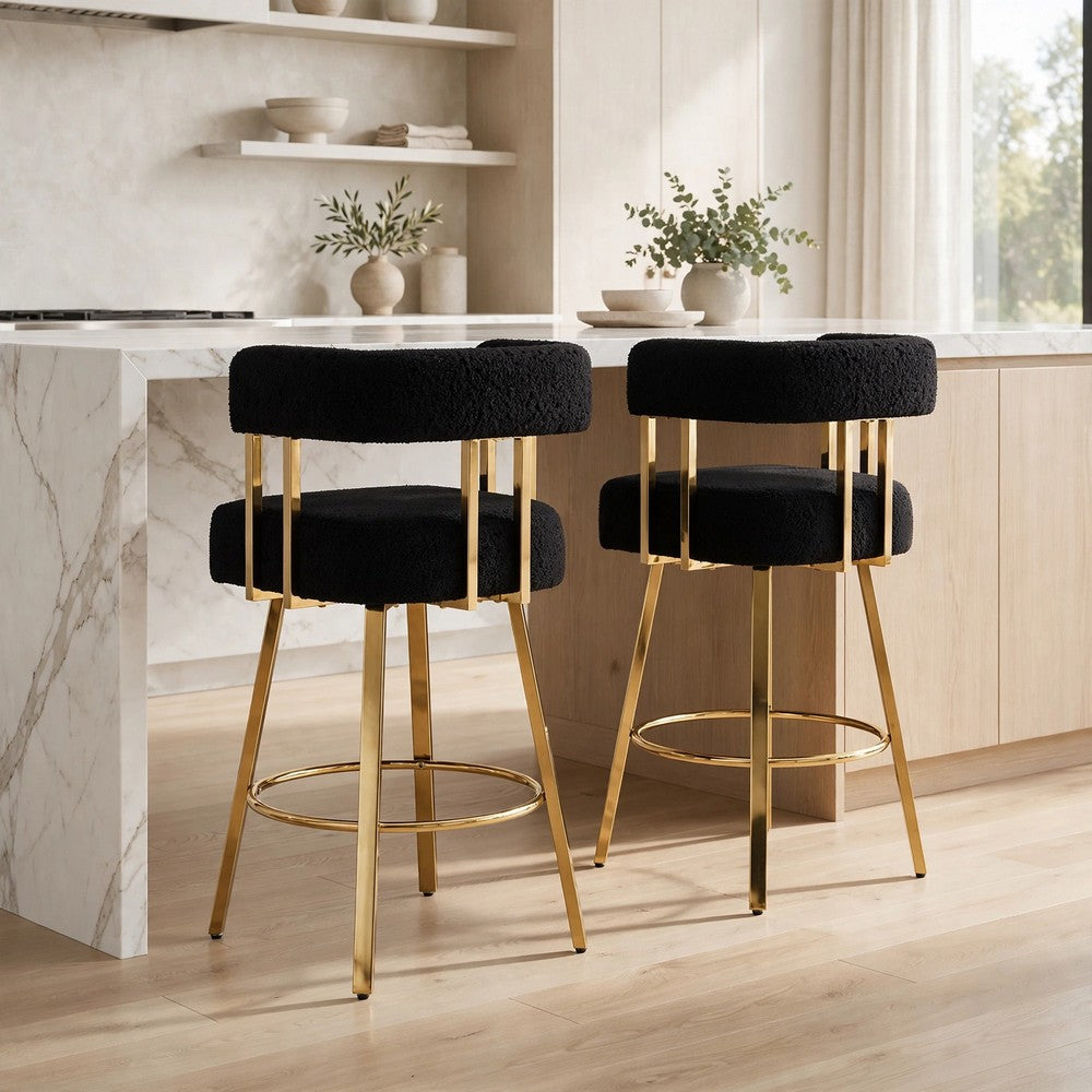 Fara Barstool Chair Set of 2 | Foam Fill Black Teddy Fleece | Gold Metal