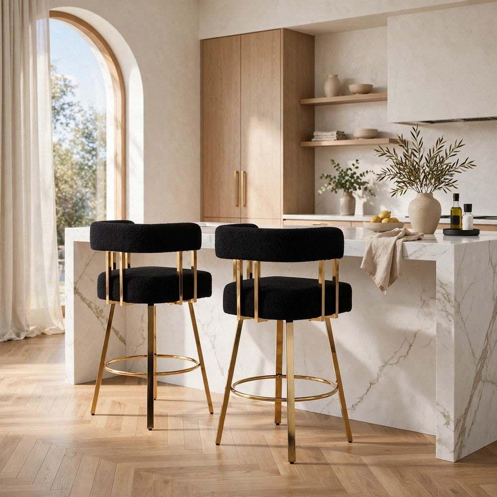 Fara Barstool Chair Set of 2 | Foam Fill Black Teddy Fleece | Gold Metal