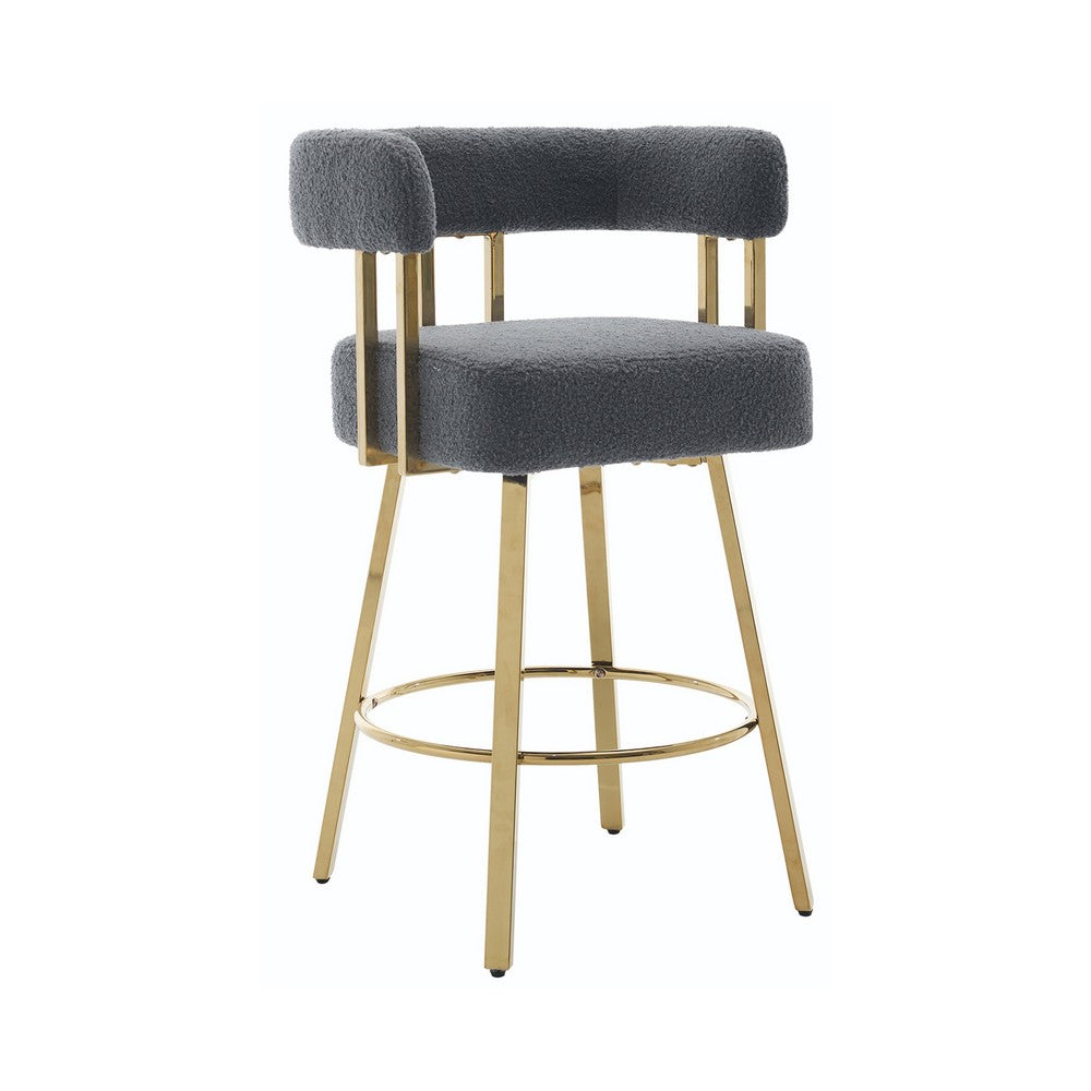 Fara Barstool Chair Set of 2 | Foam Fill Gray Teddy Fleece | Gold Metal