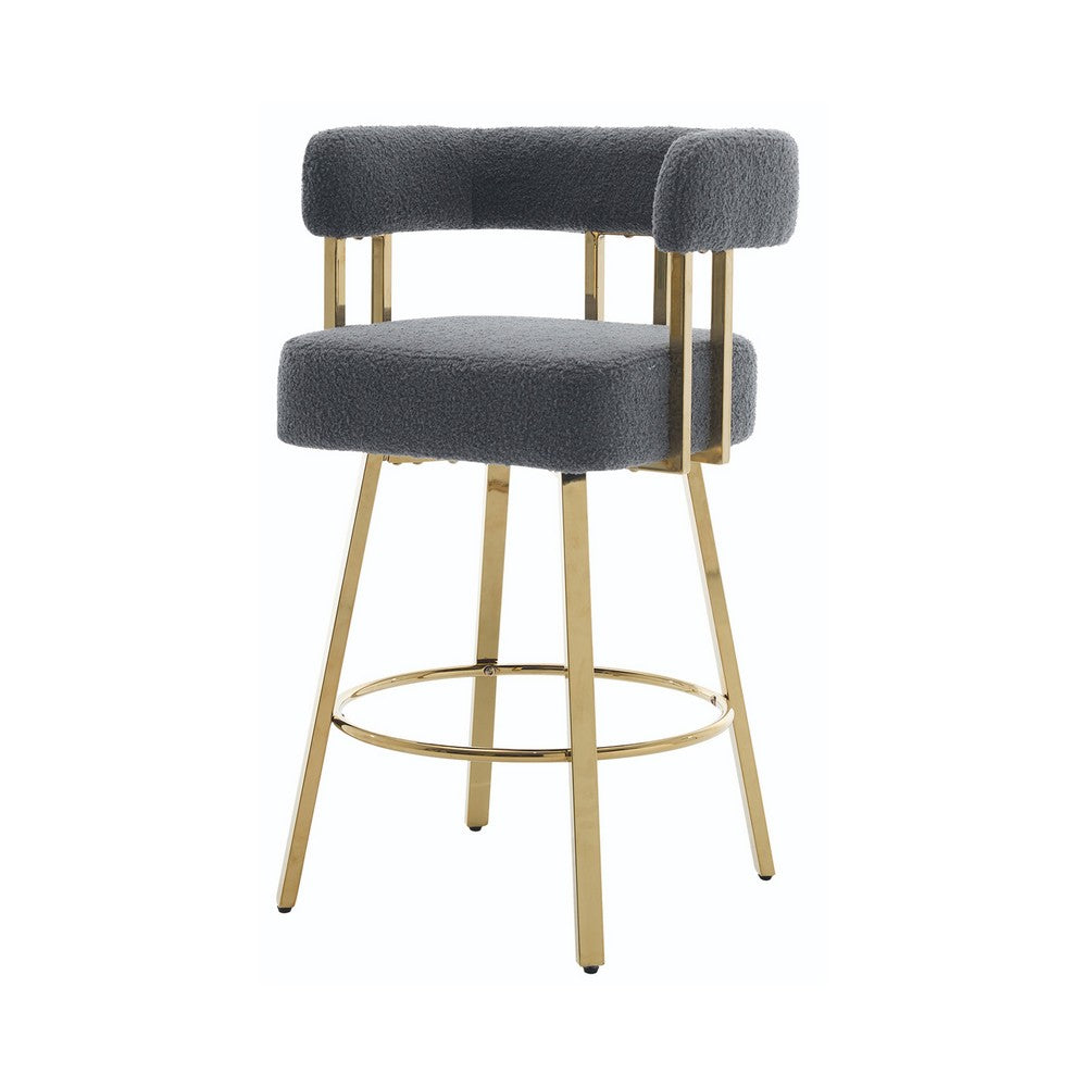 Fara Barstool Chair Set of 2 | Foam Fill Gray Teddy Fleece | Gold Metal