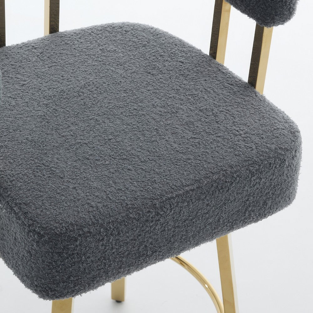 Fara Barstool Chair Set of 2 | Foam Fill Gray Teddy Fleece | Gold Metal