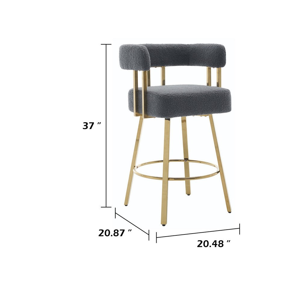 Fara Barstool Chair Set of 2 | Foam Fill Gray Teddy Fleece | Gold Metal