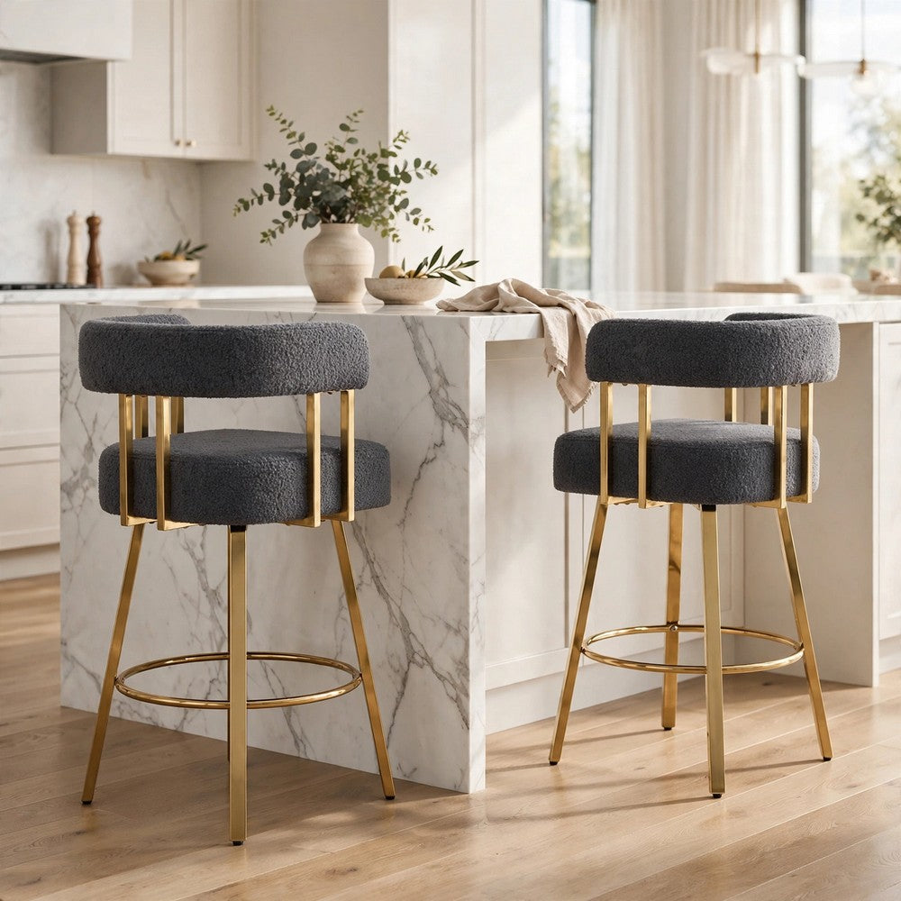 Fara Barstool Chair Set of 2 | Foam Fill Gray Teddy Fleece | Gold Metal