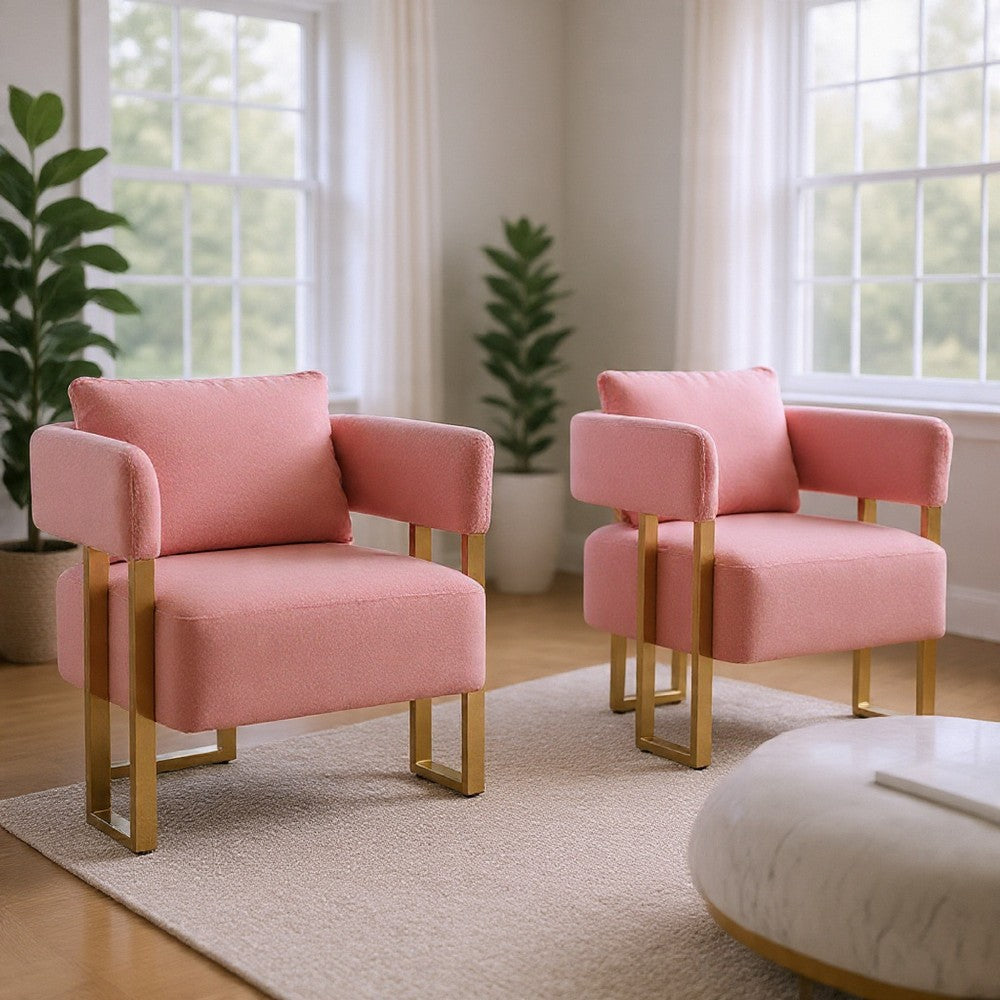 Sery Accent Sofa Chair Set of 2 | Pink Teddy Fleece | Gold Square Legs