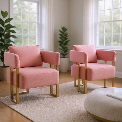 Sery Accent Sofa Chair Set of 2 | Pink Teddy Fleece | Gold Square Legs