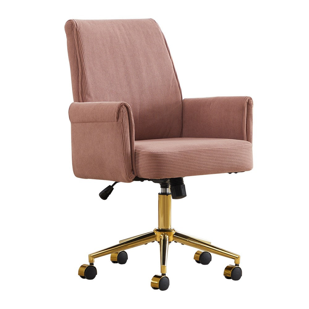 Swivel Office Chair | Light Pink Corduroy | Adjustable Height | Gold Base