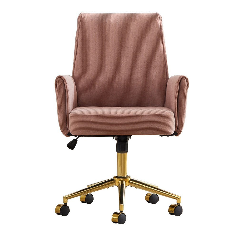 Swivel Office Chair | Light Pink Corduroy | Adjustable Height | Gold Base