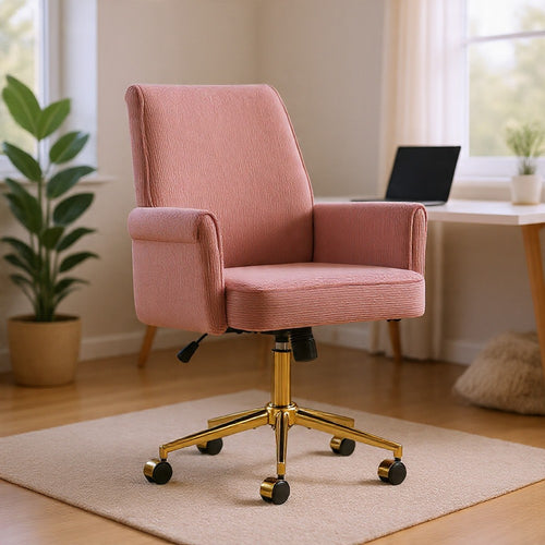 Swivel Office Chair | Light Pink Corduroy | Adjustable Height | Gold Base