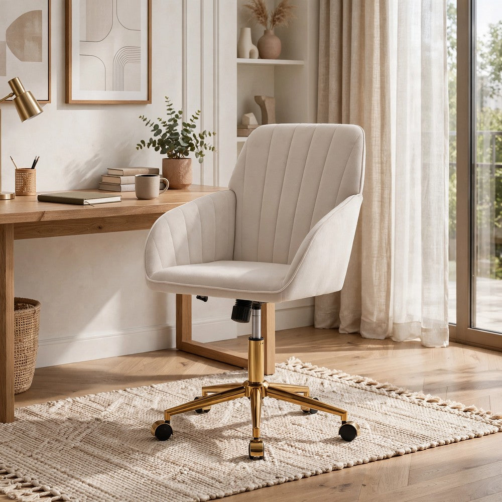 Kena Swivel Office Chair | Adjustable Height | Beige Tufted Velvet | Gold