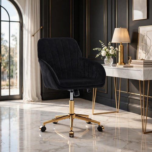 Kena Swivel Office Chair | Adjustable Height | Black Tufted Velvet | Gold