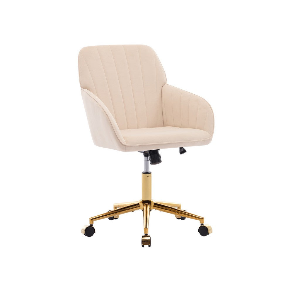 Kena Swivel Office Chair | Adjustable Height | Khaki Tufted Velvet | Gold
