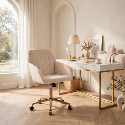 Kena Swivel Office Chair | Adjustable Height | Khaki Tufted Velvet | Gold