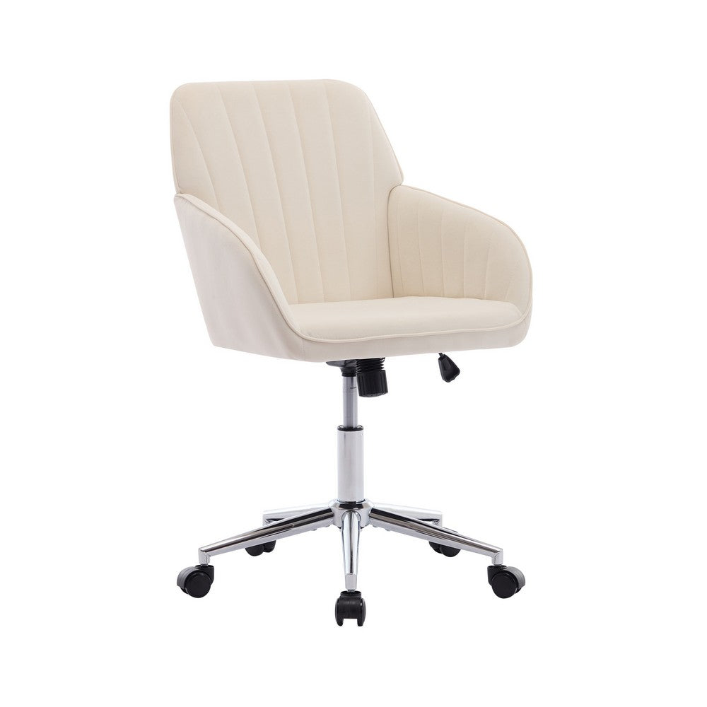 Kena Swivel Office Chair | Beige Tufted Velvet | Adjustable Height | Silver