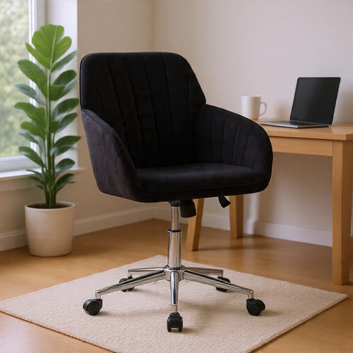 Kena Swivel Office Chair | Black Tufted Velvet | Adjustable Height | Silver