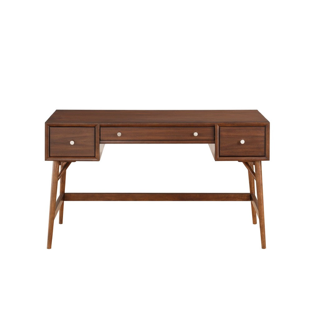 Writing Desk I 3 Drawers I Trestle w Stretcher I Nickel Knobs I Brown 51"
