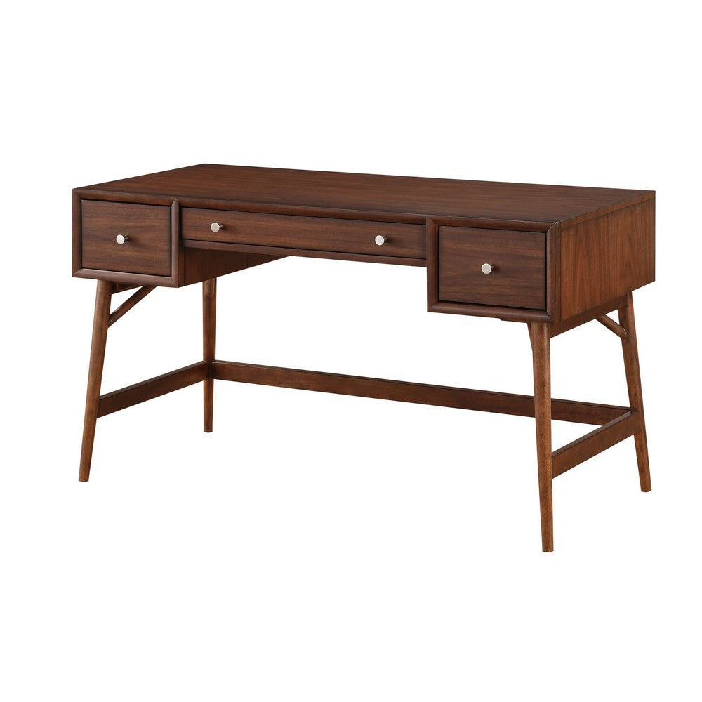 Writing Desk I 3 Drawers I Trestle w Stretcher I Nickel Knobs I Brown 51"
