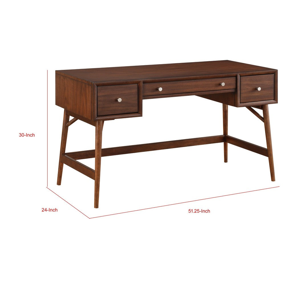 Writing Desk I 3 Drawers I Trestle w Stretcher I Nickel Knobs I Brown 51"