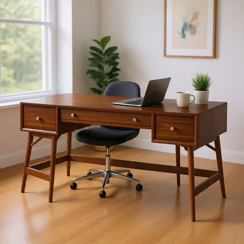 Writing Desk I 3 Drawers I Trestle w Stretcher I Nickel Knobs I Brown 51"