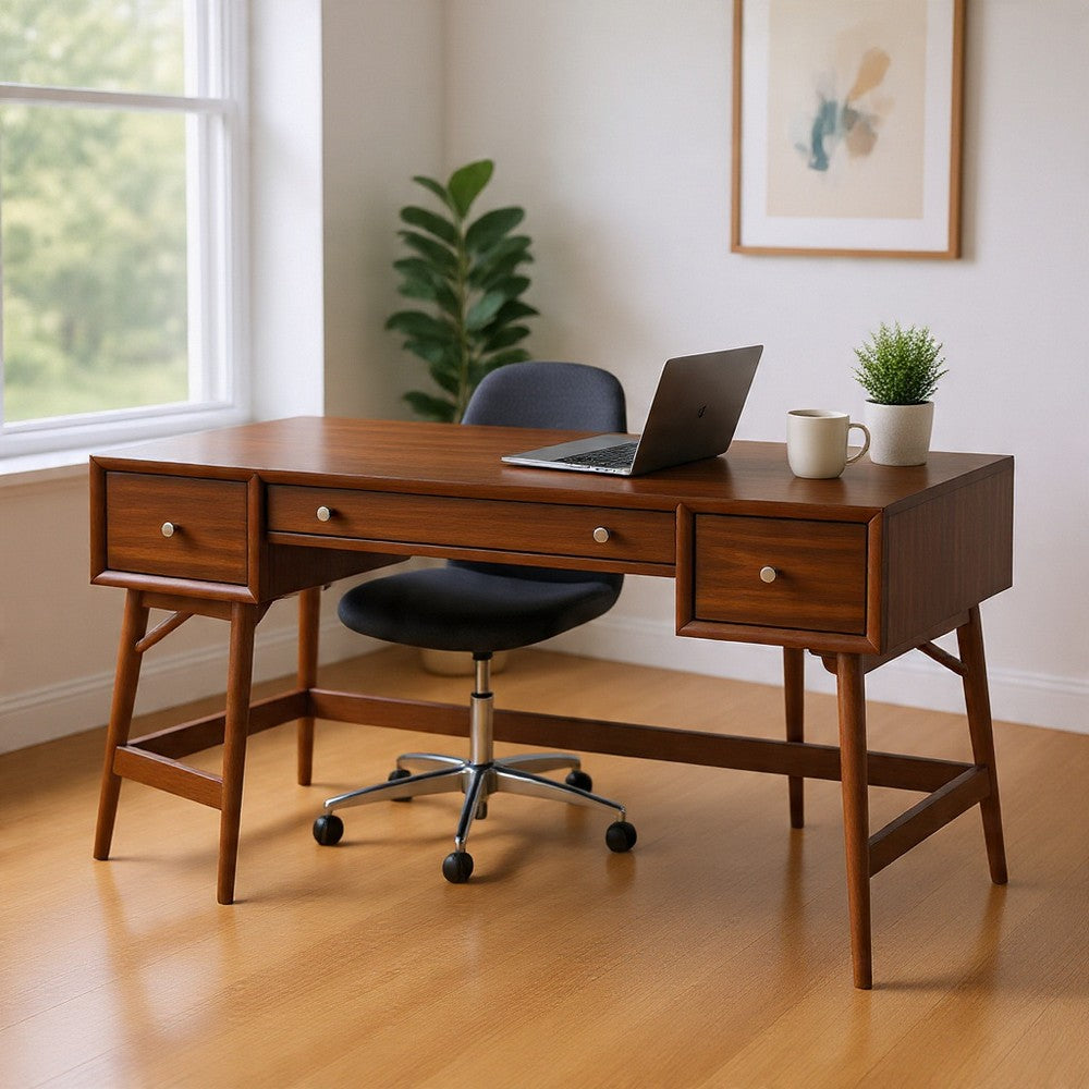Writing Desk I 3 Drawers I Trestle w Stretcher I Nickel Knobs I Brown 51"