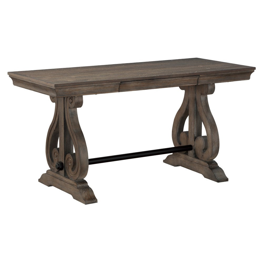 Tola Writing Desk I Hidden Drawer I Scrolled Base I Dark Oak Brown 60"