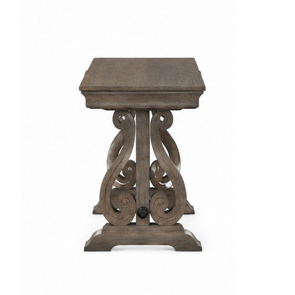 Tola Writing Desk I Hidden Drawer I Scrolled Base I Dark Oak Brown 60"