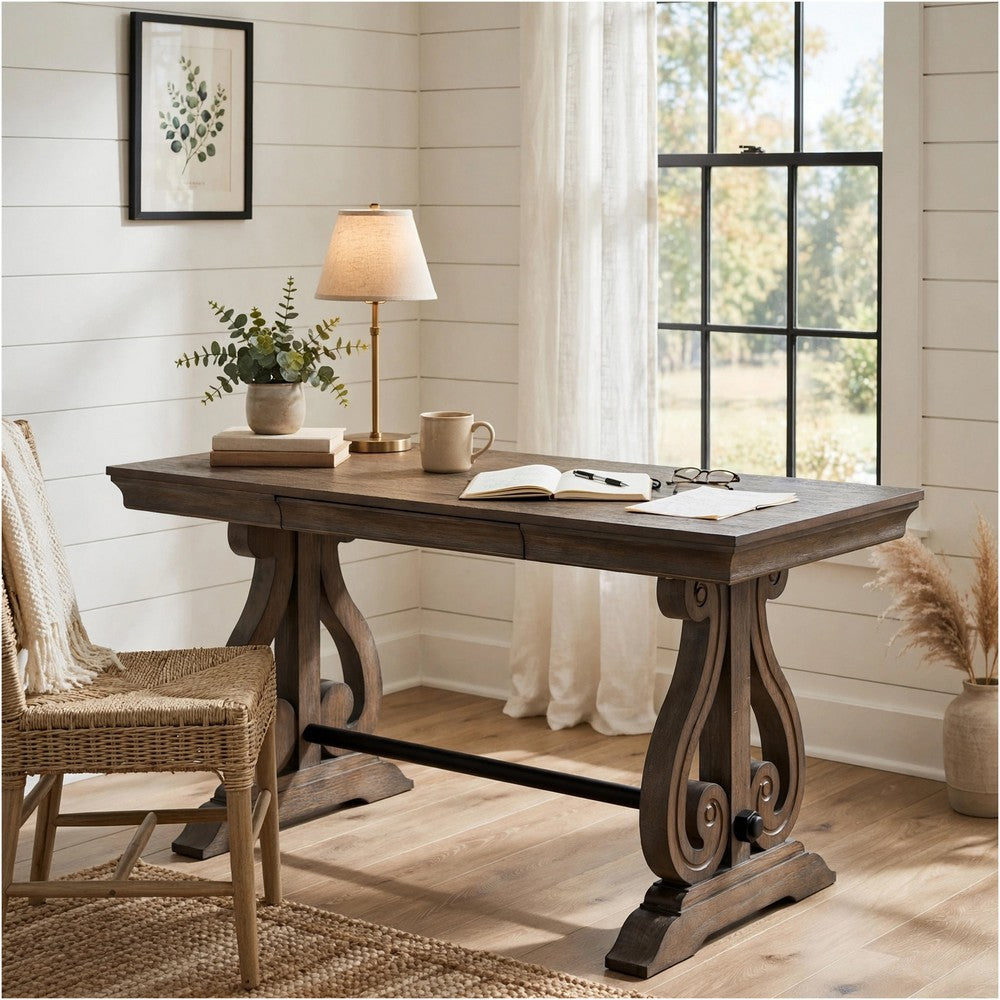 Tola Writing Desk I Hidden Drawer I Scrolled Base I Dark Oak Brown 60"