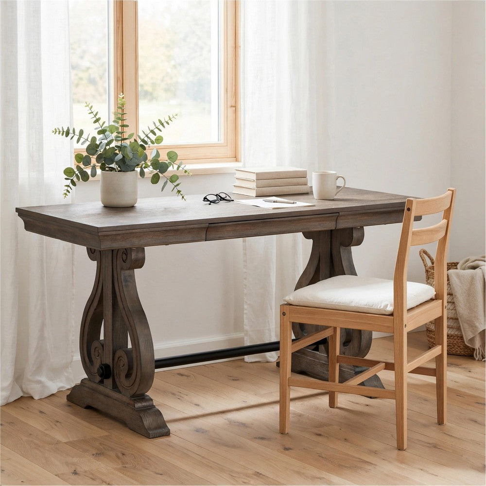 Tola Writing Desk I Hidden Drawer I Scrolled Base I Dark Oak Brown 60"