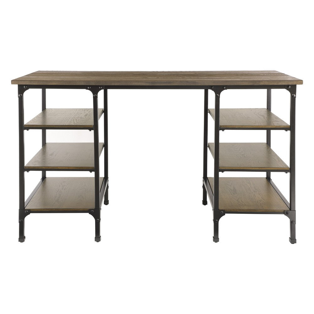 Meza Counter Height Writing Desk I 6 Shelves I Brown I Black Metal 60"