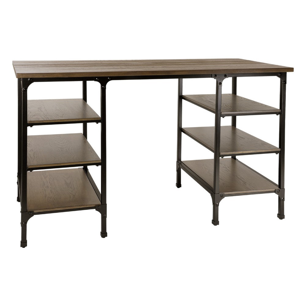Meza Counter Height Writing Desk I 6 Shelves I Brown I Black Metal 60"