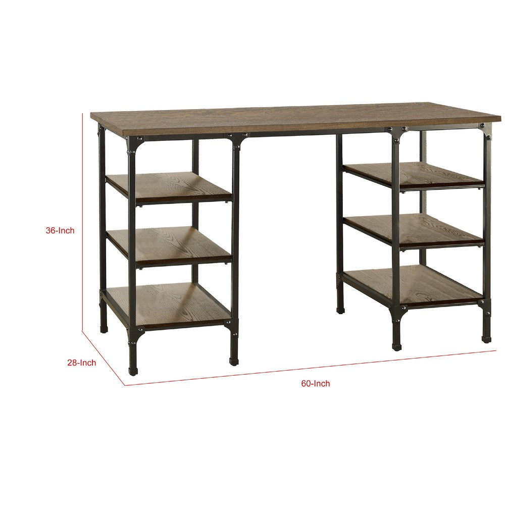 Meza Counter Height Writing Desk I 6 Shelves I Brown I Black Metal 60"