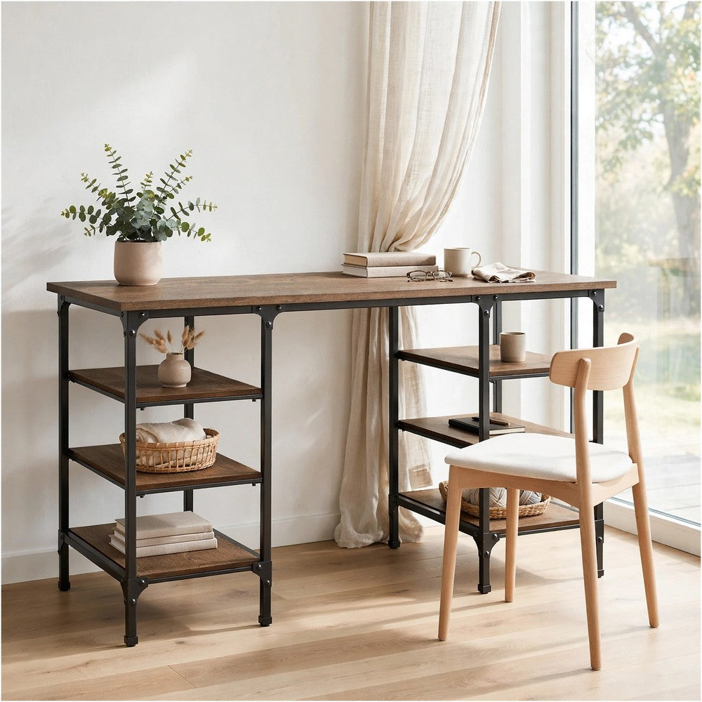 Meza Counter Height Writing Desk I 6 Shelves I Brown I Black Metal 60"