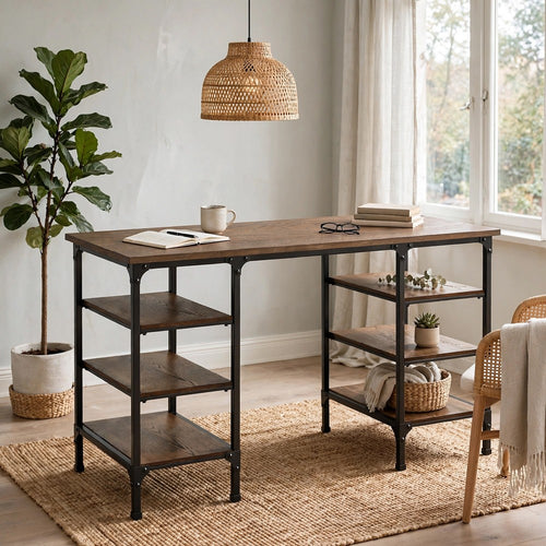 Meza Counter Height Writing Desk I 6 Shelves I Brown I Black Metal 60"