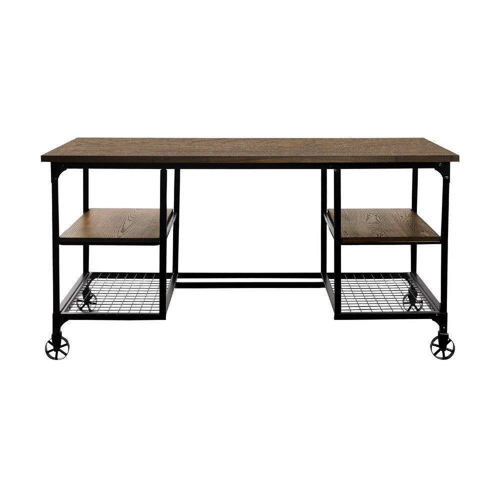 Meza Writing Desk w Casters I 4 Shelves I Brown Wood I Black Metal 60"
