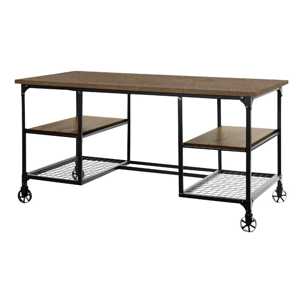 Meza Writing Desk w Casters I 4 Shelves I Brown Wood I Black Metal 60"