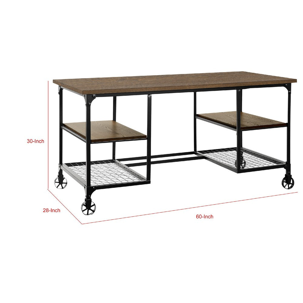 Meza Writing Desk w Casters I 4 Shelves I Brown Wood I Black Metal 60"