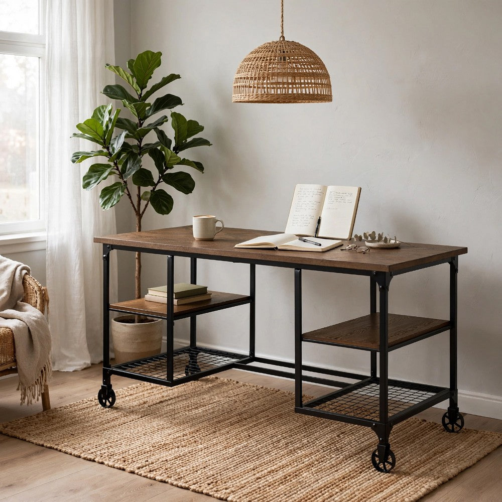 Meza Writing Desk w Casters I 4 Shelves I Brown Wood I Black Metal 60"