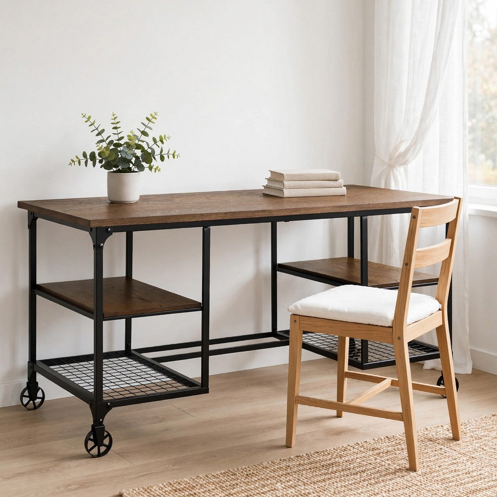 Meza Writing Desk w Casters I 4 Shelves I Brown Wood I Black Metal 60"
