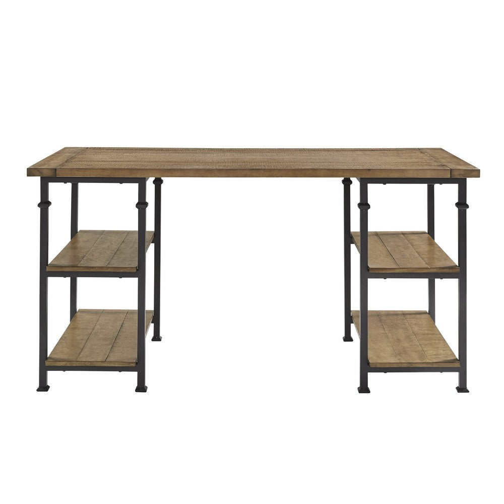 Meya Writing Desk I 4 Shelves I Planked Brown Wood I Wrought Iron I 60"