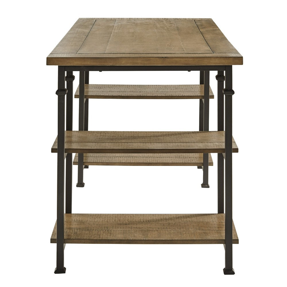 Meya Writing Desk I 4 Shelves I Planked Brown Wood I Wrought Iron I 60"
