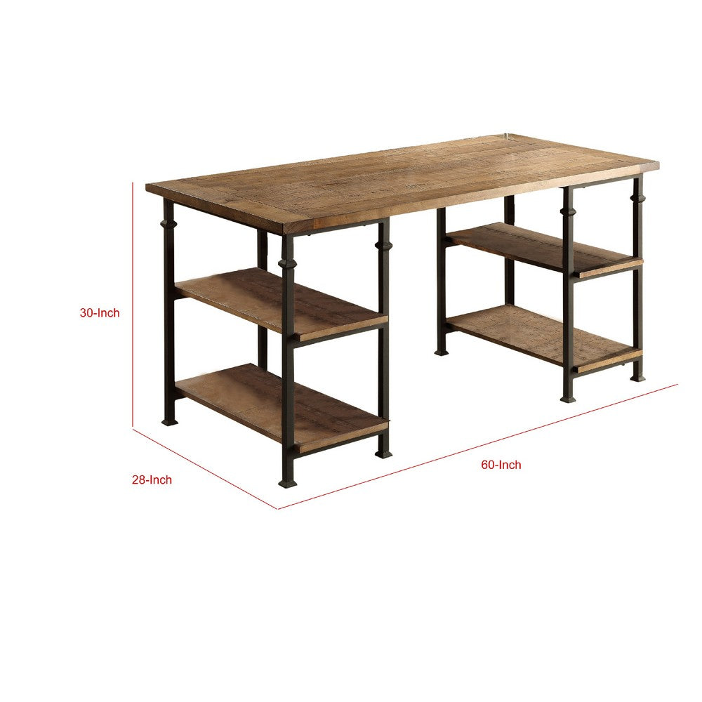 Meya Writing Desk I 4 Shelves I Planked Brown Wood I Wrought Iron I 60"