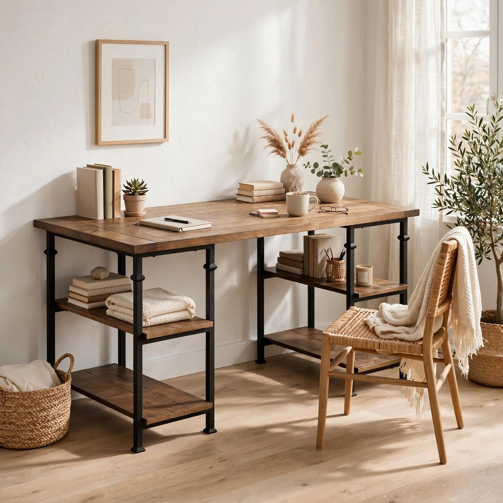 Meya Writing Desk I 4 Shelves I Planked Brown Wood I Wrought Iron I 60"