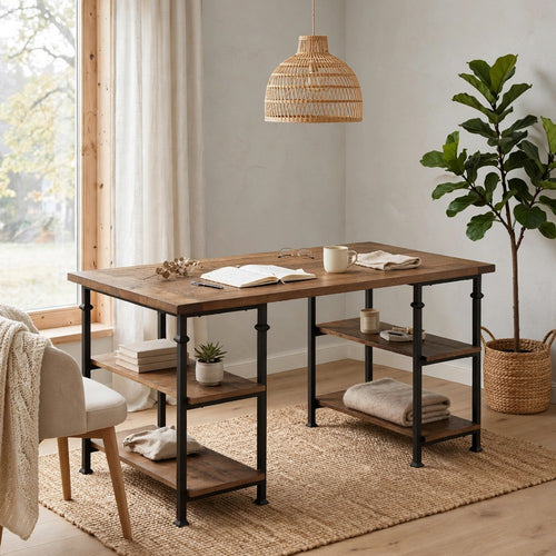 Meya Writing Desk I 4 Shelves I Planked Brown Wood I Wrought Iron I 60"