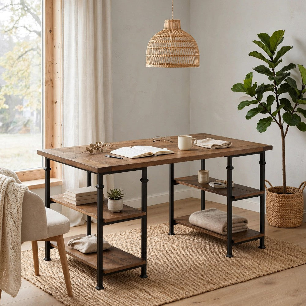Meya Writing Desk I 4 Shelves I Planked Brown Wood I Wrought Iron I 60"
