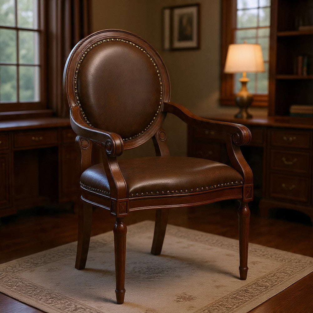 Mont Armchair I Medallion Back I Scroll Arms I Foam Fill Brown Faux Leather
