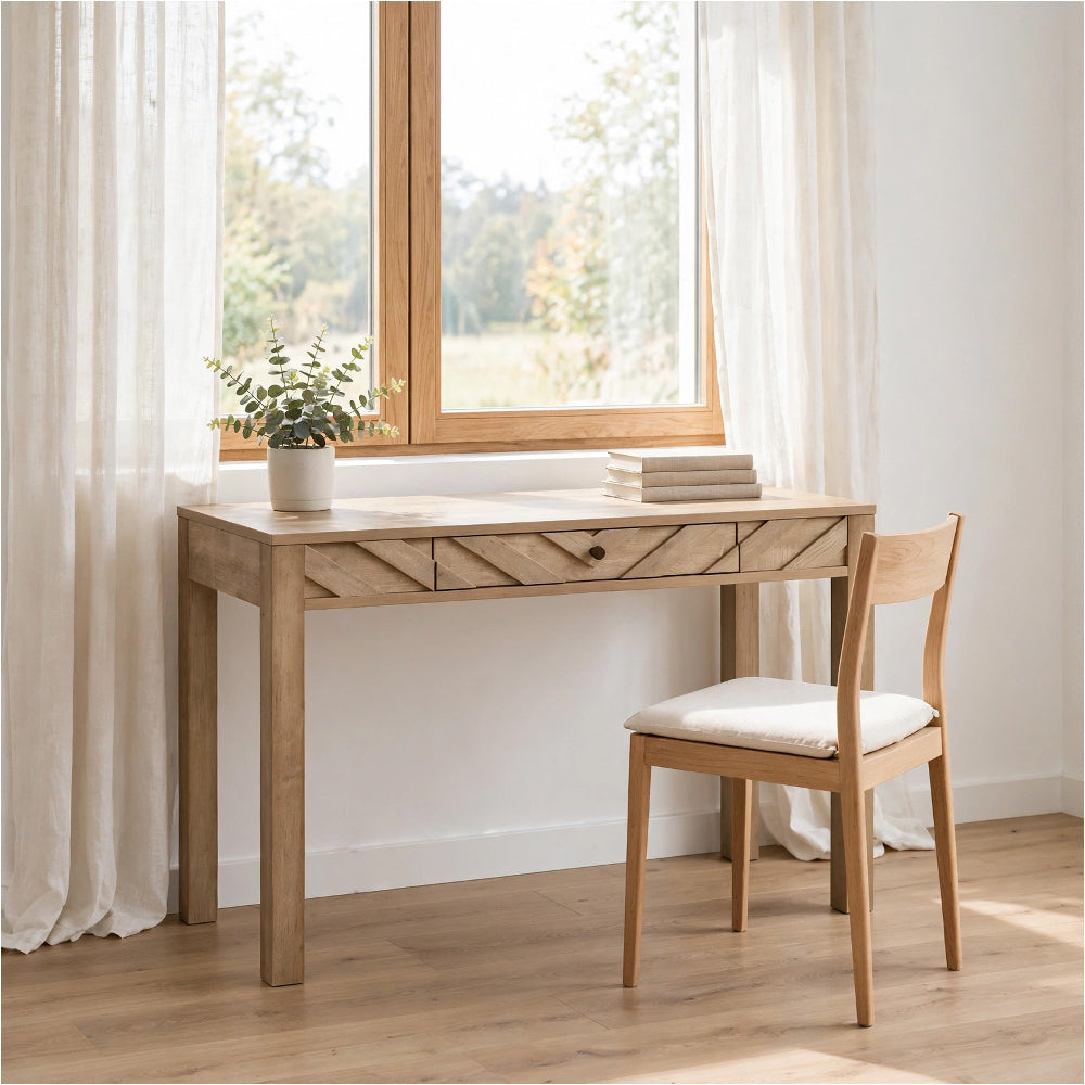 Writing Desk w Drawer I Angular Planks I Square Legs I Light Brown 48"