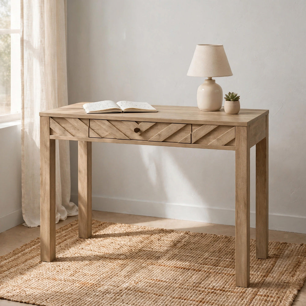Writing Desk w Drawer I Angular Planks I Square Legs I Light Brown 48"
