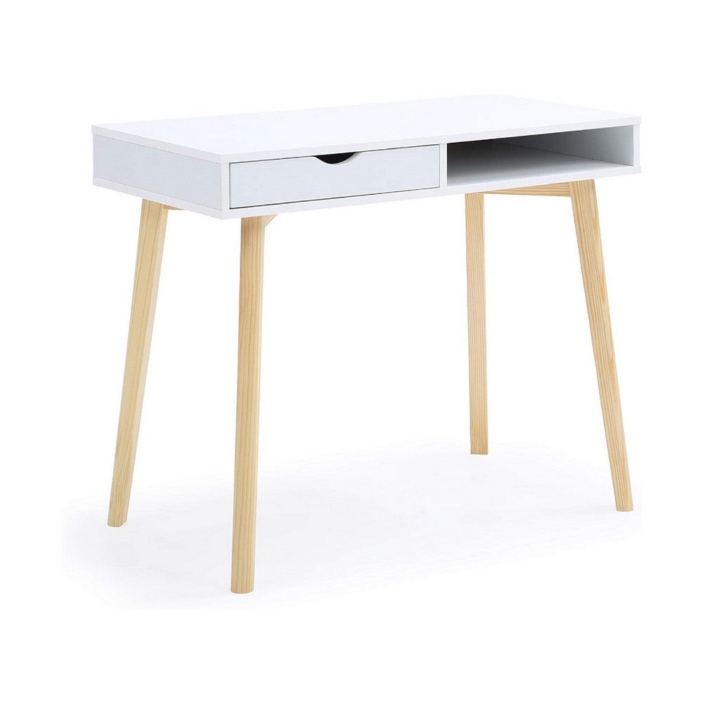 Writing Desk w Drawer & Open Cubby I White Top I Natural Brown 35"